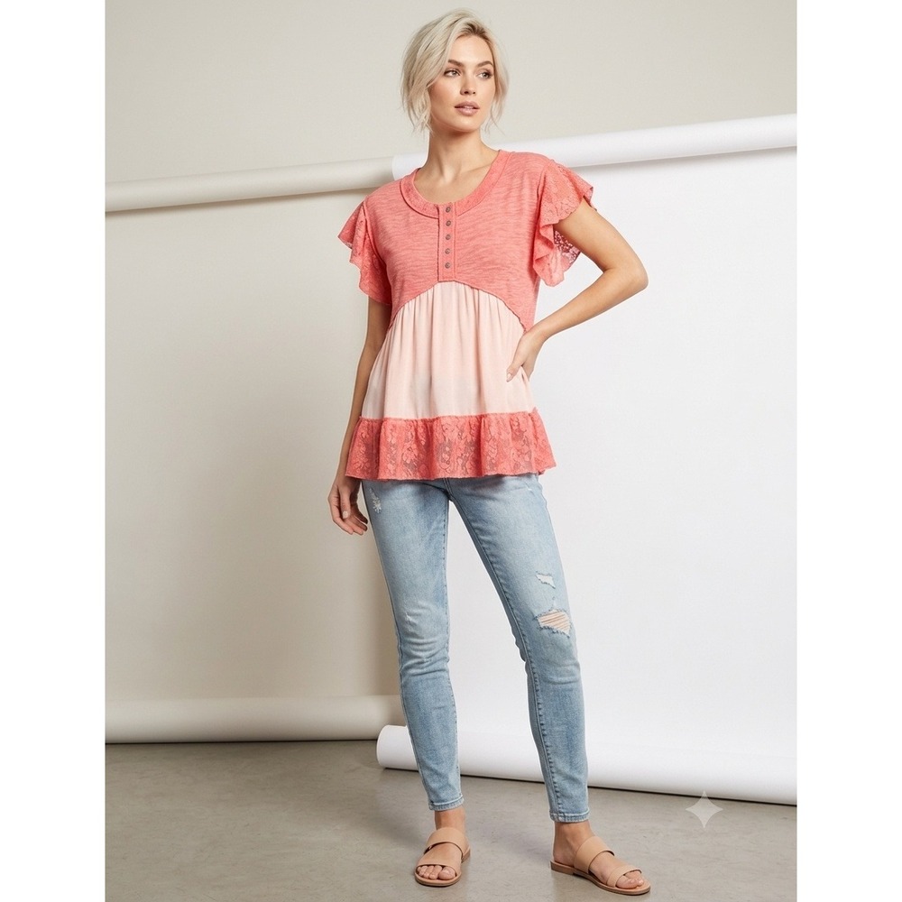 POL Babydoll Top Women Small Pink Coral Lace Mixed Media Excellent